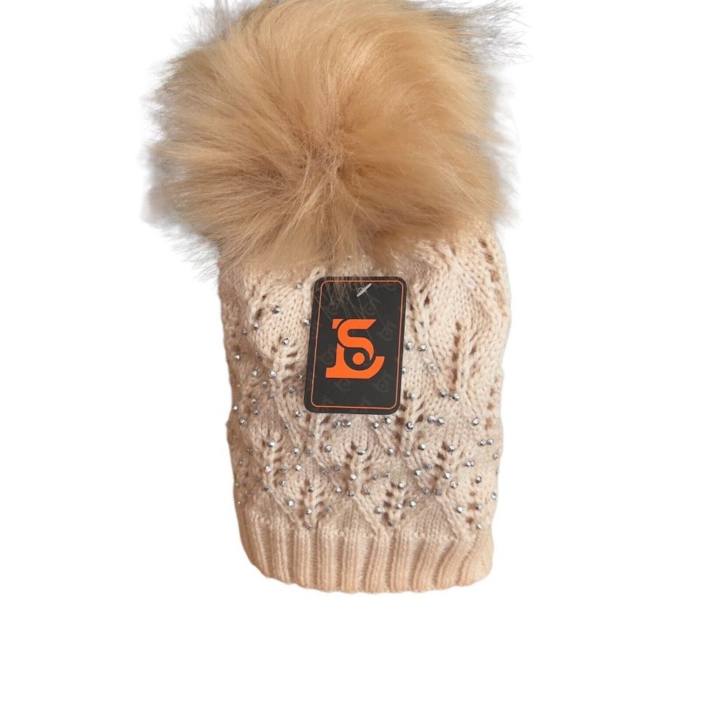Womens Fleece Lined Beige Brown Knit Beanie Fur Pom Crochet Embellished Front